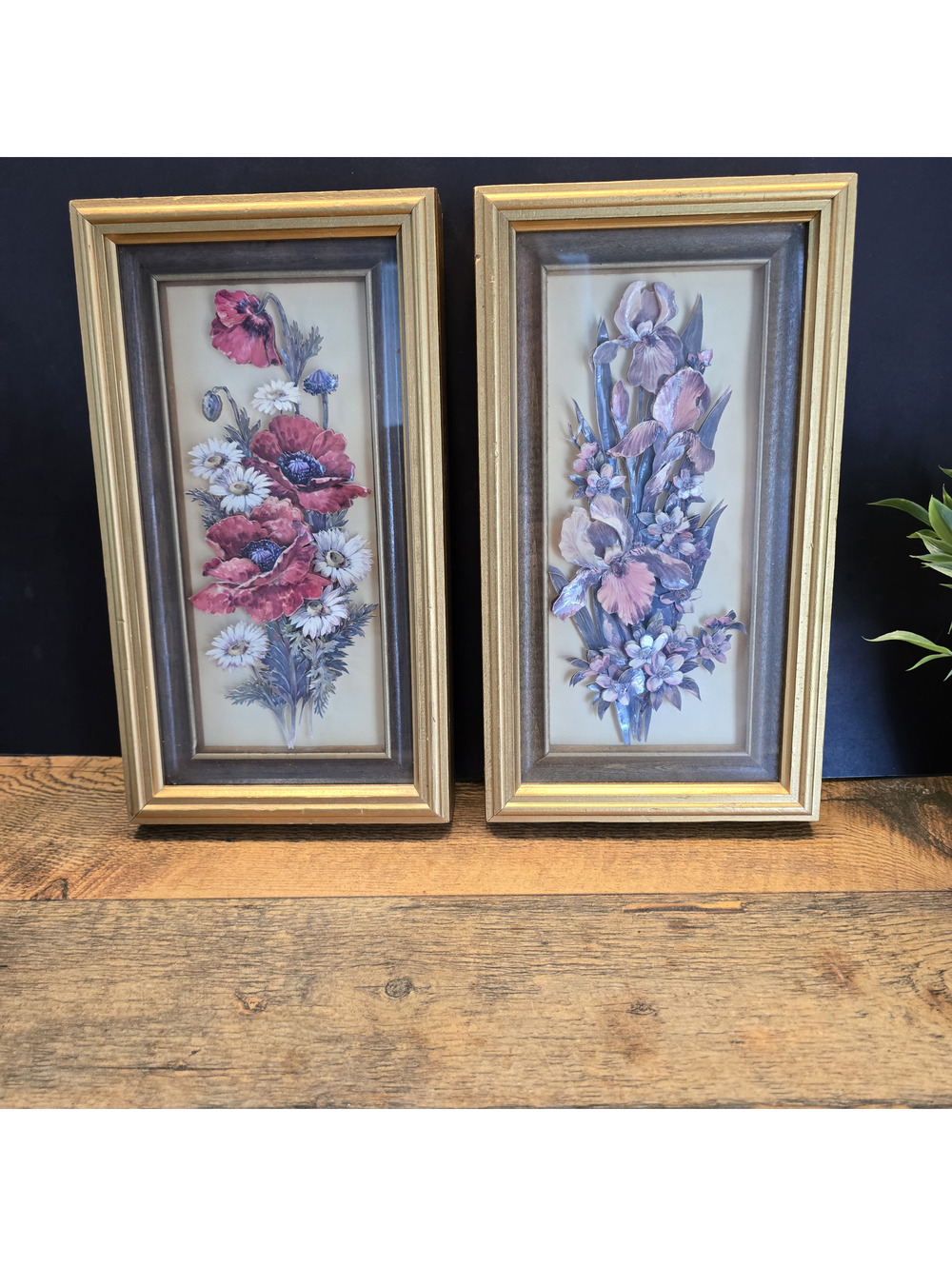 Vtg 3D Paper Tole Floral Wall Art Pictures - Framed Decoupage Shadow Box
